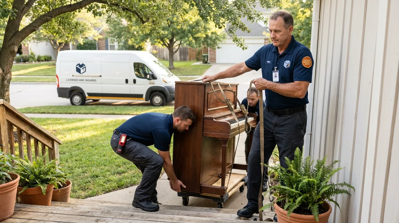Licensed piano movers securing grand piano in Massapequa, NY