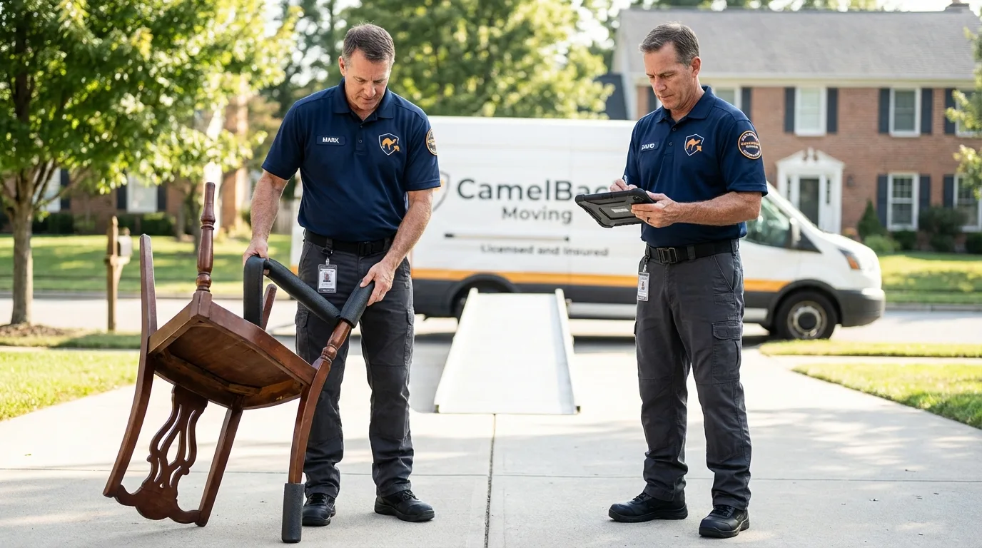 Movers inspecting furniture for damage prevention before loading in Massapequa, NY