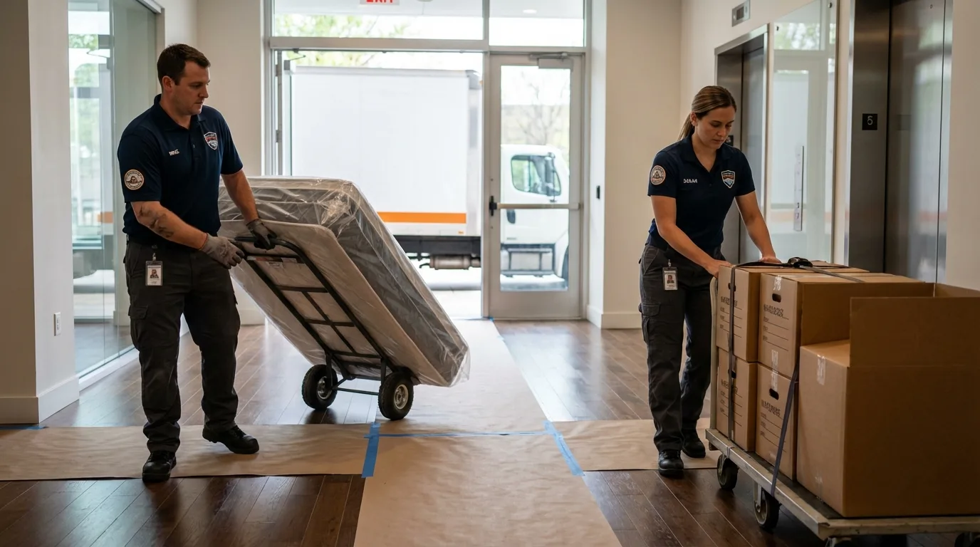 Professional apartment movers loading elevator in Massapequa, NY